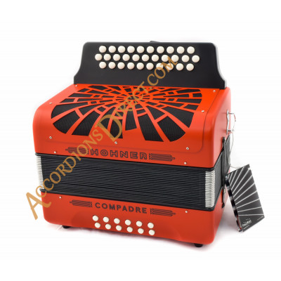 Hohner Compadre 3 row A, D, G diatonic red button accordion.  MIDI and microphone options.